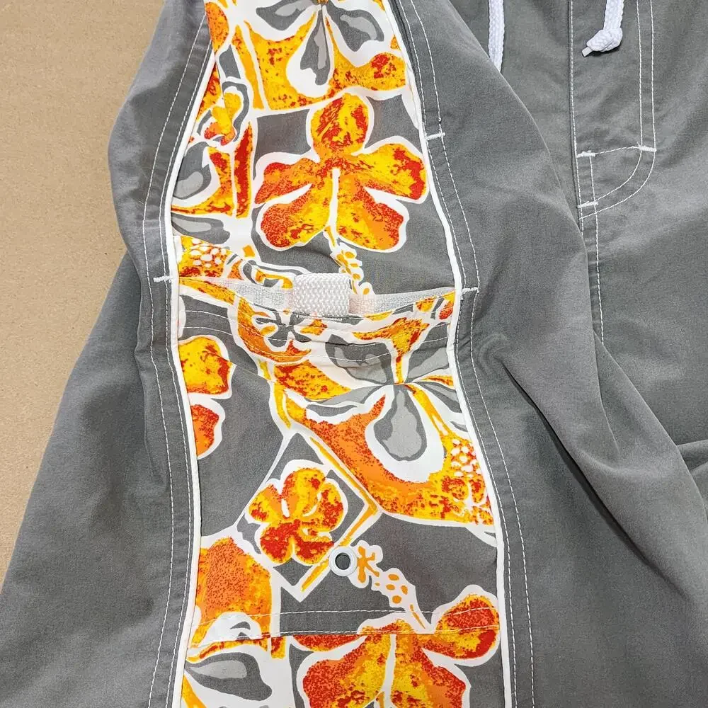 Op Swim Shorts Mens XL Gray Floral Hawaiian Lined Drawstring Pockets Summer